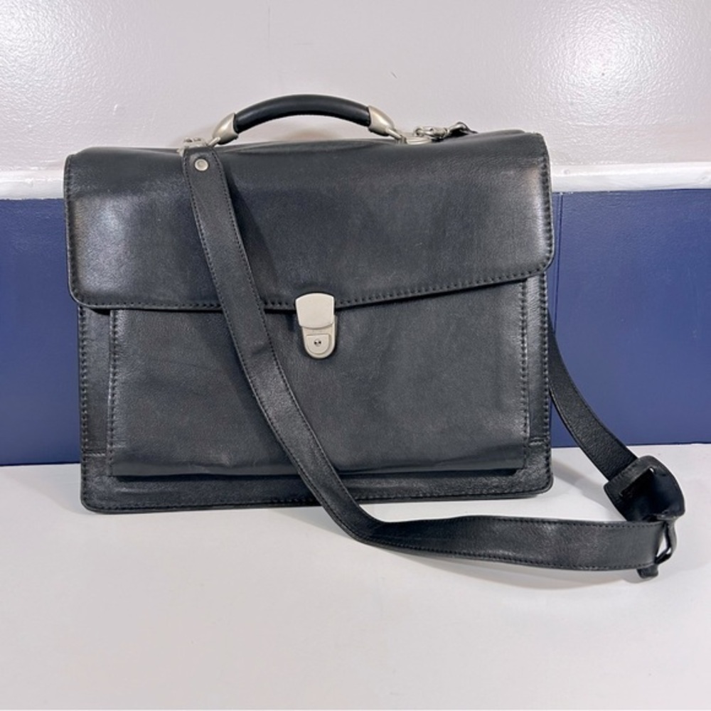 Levenger Black‎ Full Grain Leather Shoulder Messenger Bag Briefcase From Spain